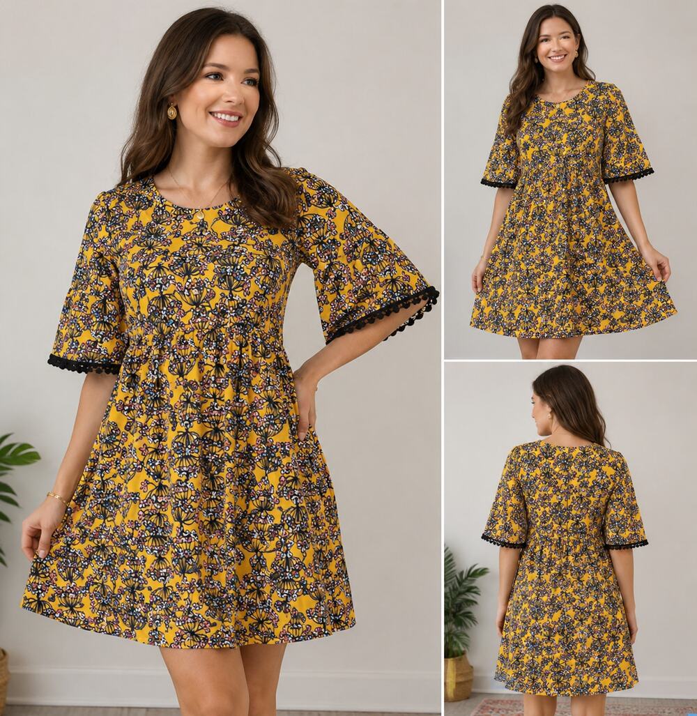 Uncle Frank Round Neck Floral Bell Sleeve Lace Mini Dress Mustard Size XS